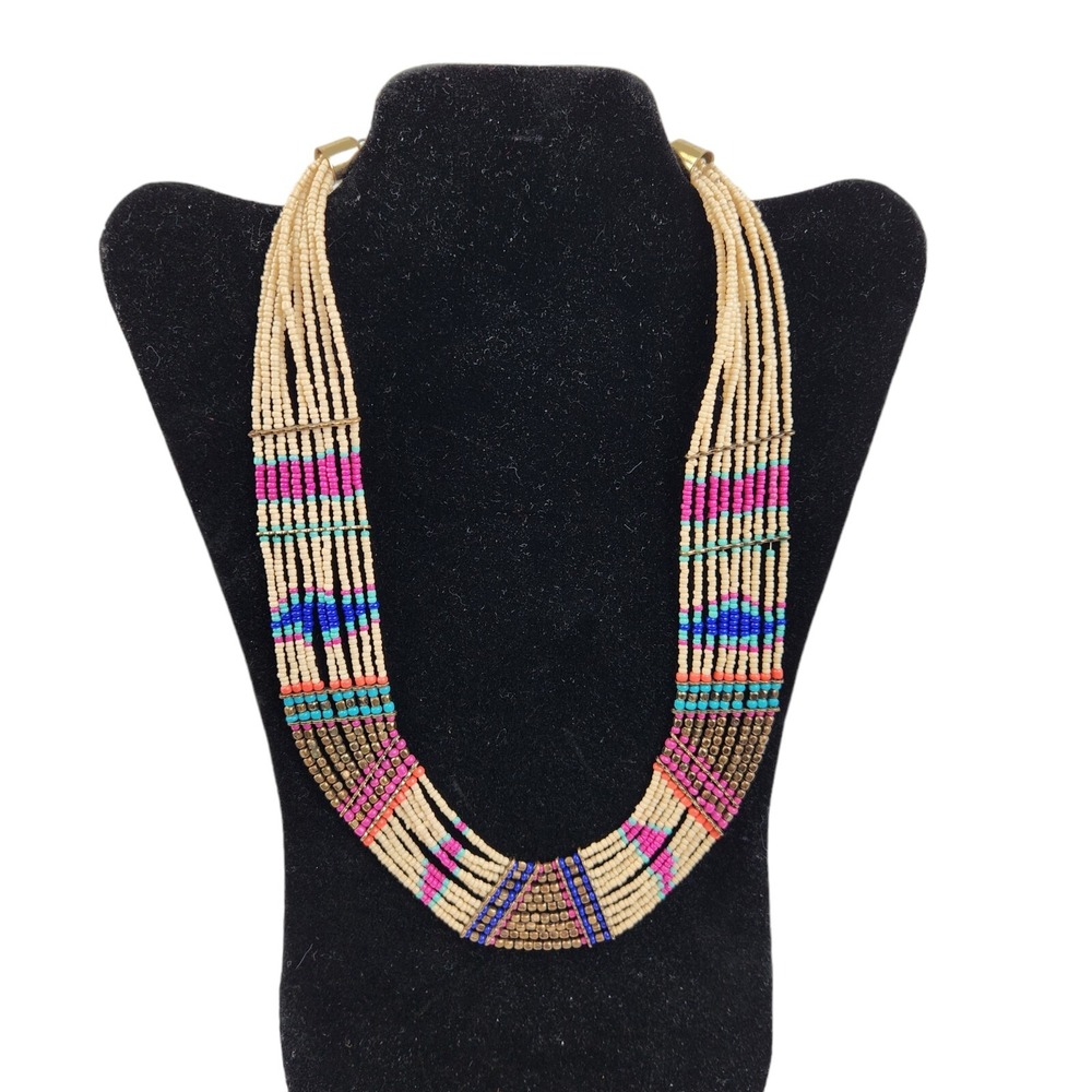 Decree Multi Strand Bead Southwestern Pink Blue Seed Bead Adjustable EUC